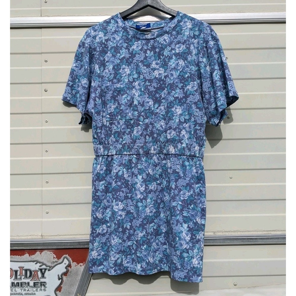 Vintage 90s Floral Mini T-Shirt Dress M Blue Short Sleeve Summer Boxy Grunge